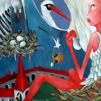 Peinture intitulée "Nid de cigogne" par Artvrai, Œuvre d'art originale, Huile