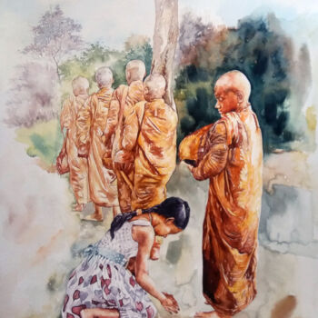 Schilderij getiteld "Buddhist Monk with…" door Rangana, Origineel Kunstwerk, Aquarel
