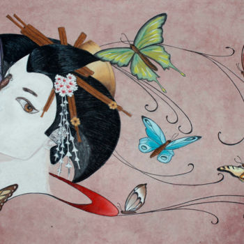 Painting titled "Geisha aux papillon…" by Isabelle Nicolazzo - Zazou, Original Artwork, Pastel