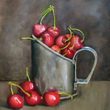 Painting titled "Cherries in a steel…" by Elena Gridneva, Original Artwork, Oil