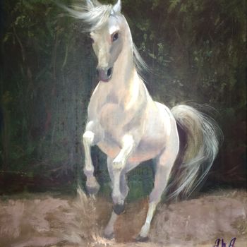 Painting titled "White horse" by Elena Gridneva, Original Artwork, Oil
