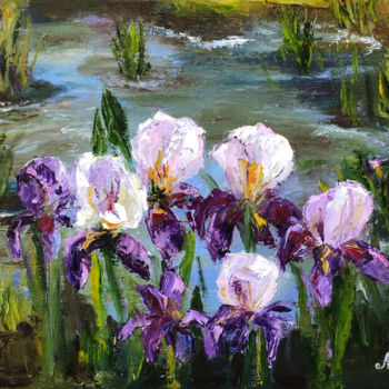 Pittura intitolato "Irises oil painting" da Elena Gridneva, Opera d'arte originale, Olio