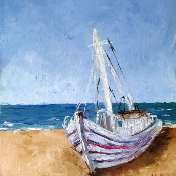 Malarstwo zatytułowany „Boat on the seashore” autorstwa Elena Gridneva, Oryginalna praca, Olej