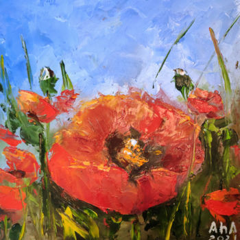 Painting titled "Poppy flower" by Elena Gridneva, Original Artwork, Oil