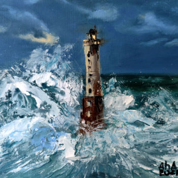 Pintura intitulada "Lighthouse, rocks a…" por Elena Gridneva, Obras de arte originais, Óleo