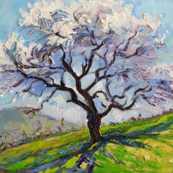 Painting titled "flowering almond tr…" by Arus Pashikyan, Original Artwork, Oil Mounted on Wood Stretcher frame