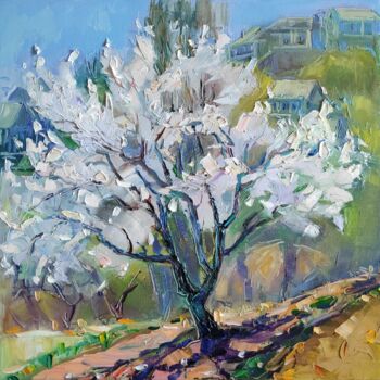 Painting titled "Almond tree" by Arus Pashikyan, Original Artwork, Oil Mounted on Wood Stretcher frame