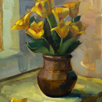 Painting titled "Yellow tulips" by Arus Pashikyan, Original Artwork, Oil Mounted on Wood Stretcher frame