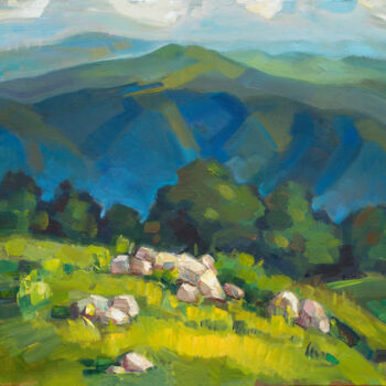 Painting titled "In the mountains" by Arus Pashikyan, Original Artwork, Oil Mounted on Wood Stretcher frame
