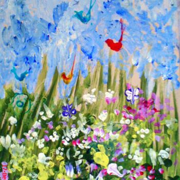 Malerei mit dem Titel "Birdy Floral surfing" von Arushiart, Original-Kunstwerk, Acryl