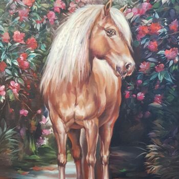 「Pferd auf einem Blu…」というタイトルの絵画 Aryanpaletによって, オリジナルのアートワーク, オイル ウッドストレッチャーフレームにマウント