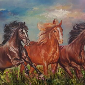Картина под названием "Pferde Familie" - Aryanpalet, Подлинное произведение искусства, Масло Установлен на Деревянная рама д…