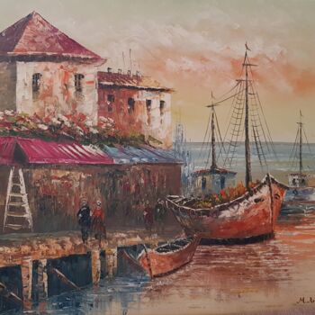 「Hafen City」というタイトルの絵画 Aryanpaletによって, オリジナルのアートワーク, オイル ウッドストレッチャーフレームにマウント