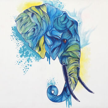 Peinture intitulée "Tusker in Blue" par Aryawansa Kumarasinghe, Œuvre d'art originale, Acrylique Monté sur Châssis en bois