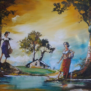 Painting titled "Mornings by the Riv…" by Aryawansa Kumarasinghe, Original Artwork, Acrylic Mounted on Wood Stretcher frame