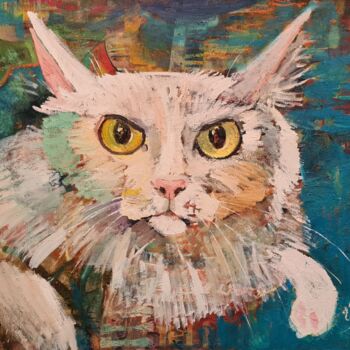 Pittura intitolato "Умный кот Smart cat" da Asadullina Elvira, Opera d'arte originale, Olio Montato su Telaio per barella in…