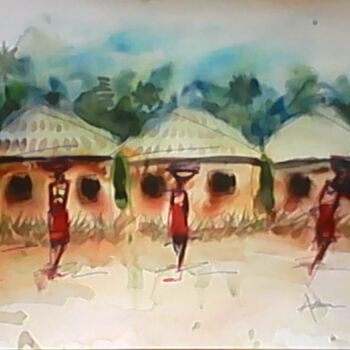 Painting titled "Village market" by Asenior, Original Artwork, Watercolor