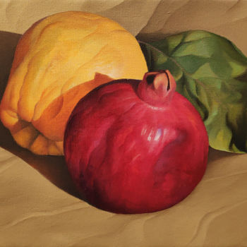 「Quince with Pomegra…」というタイトルの絵画 Ash Avagyanによって, オリジナルのアートワーク, オイル ウッドストレッチャーフレームにマウント
