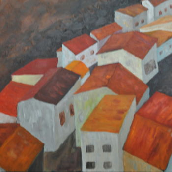 Painting titled "Roofs" by Asher, Original Artwork, Oil Mounted on Wood Stretcher frame