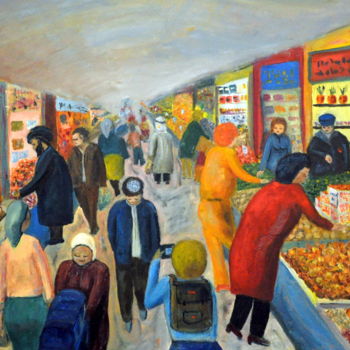 Painting titled "Market" by Asher, Original Artwork, Oil Mounted on Wood Stretcher frame