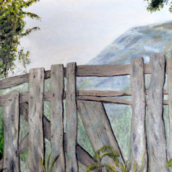 Painting titled "Old wood fence" by Asher, Original Artwork, Oil Mounted on Wood Stretcher frame