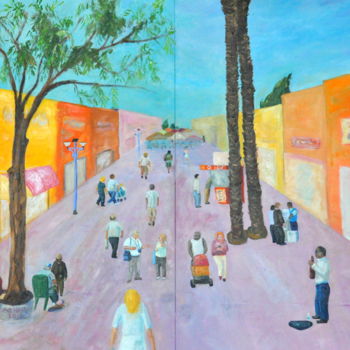 Painting titled "A pedestrian mall" by Asher, Original Artwork, Oil Mounted on Wood Stretcher frame