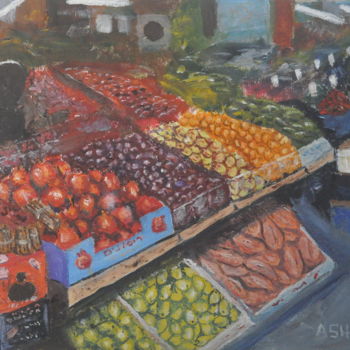 Painting titled "market 2" by Asher, Original Artwork, Oil