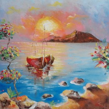 Painting titled "Boat at sunset" by Asia, Original Artwork, Oil Mounted on Wood Panel