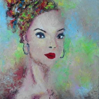 Painting titled "Afrikan beauty" by Asia, Original Artwork, Oil Mounted on Wood Stretcher frame