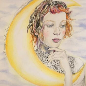 Drawing titled "Le visage de la lune" by Asil, Original Artwork, Pencil