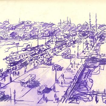 Rysunek zatytułowany „Galata Bridge - Gol…” autorstwa Ahmet Şinasi İŞler, Oryginalna praca, Ołówek