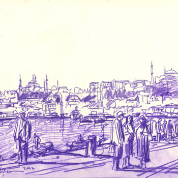 Peinture intitulée "Peoples on Bosphour…" par Ahmet Şinasi İŞler, Œuvre d'art originale, Crayon