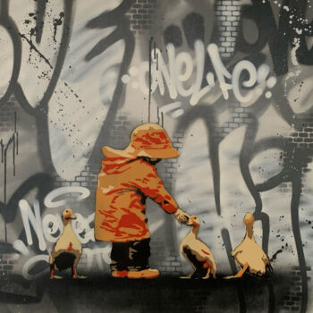 Картина под названием "Ducks and Kid" - Asko, Подлинное произведение искусства, Акрил Установлен на Деревянная рама для носи…
