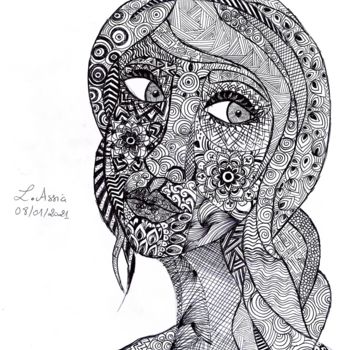 Dessin intitulée "Mandala woman" par Assia Lounas, Œuvre d'art originale, Stylo à bille