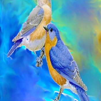 Grafika cyfrowa / sztuka generowana cyfrowo zatytułowany „oiseaux bleus” autorstwa Astride Risser, Oryginalna praca, Malarst…