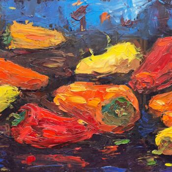Schilderij getiteld "Colorful peppers" door Atalia, Origineel Kunstwerk, Olie