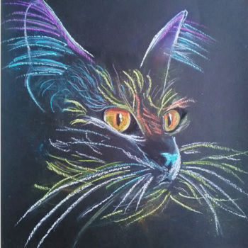 Painting titled "Le chat" by Atelier Peinture Fourchambault, Original Artwork, Pastel