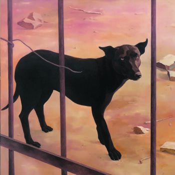 Malarstwo zatytułowany „Le chien noir” autorstwa Atelier Zhang Kai, Oryginalna praca, Olej Zamontowany na Drewniana rama nos…
