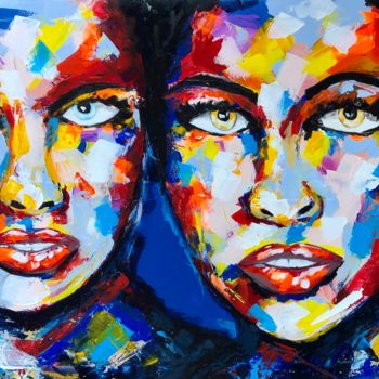 Painting titled "Les soeurs bleues" by Patrice Almodovar, Original Artwork, Acrylic Mounted on Wood Stretcher frame