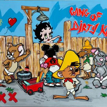 「Gang of dirty Kids」というタイトルの絵画 Patrice Almodovarによって, オリジナルのアートワーク, アクリル ウッドストレッチャーフレームにマウント