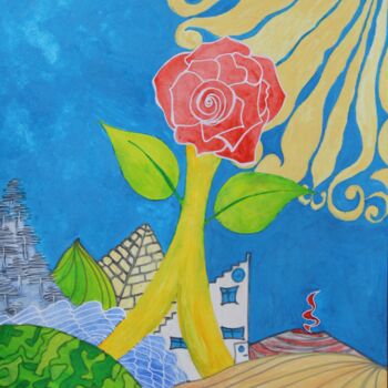 Pittura intitolato "Rose perchée" da Corinne Brossier (Atelier de l'imaginaire), Opera d'arte originale, Acrilico