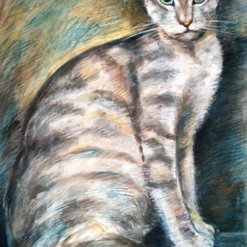Dessin intitulée "Chat gris" par Nathalia Chipilova, Œuvre d'art originale, Pastel