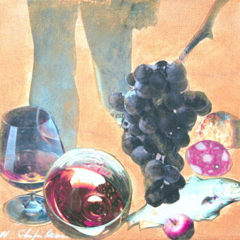Κολάζ με τίτλο "Pain, vin, saucisson" από Atelier N N . Art Store By Nat, Αυθεντικά έργα τέχνης, Κολάζ Τοποθετήθηκε στο Ξύλι…