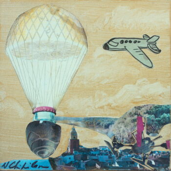 Collages titled "Drone dreams" by Nathalia Chipilova, Original Artwork, Collages Mounted on Wood Stretcher frame