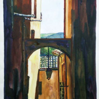 Schilderij getiteld "Roussillon, village" door Atelier N N . Art Store By Nat, Origineel Kunstwerk, Aquarel