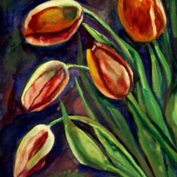 Ζωγραφική με τίτλο "Tulipes rouges" από Atelier N N . Art Store By Nat, Αυθεντικά έργα τέχνης, Ακουαρέλα