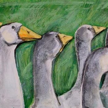 Peinture intitulée "Les oies dans l'her…" par Nathalia Chipilova, Œuvre d'art originale, Acrylique