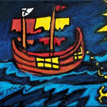 Painting titled "Small Pirate Boat" by Atelier N N . Art Store By Nat, Original Artwork, Acrylic Mounted on Wood Stretcher f…