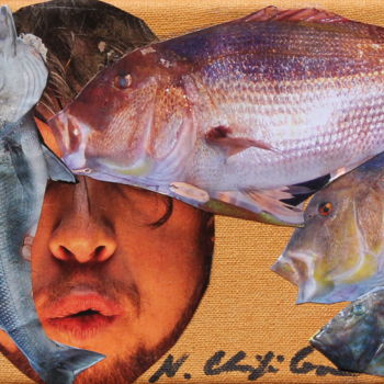 Collagen mit dem Titel "Mens fishing" von Atelier N N . Art Store By Nat, Original-Kunstwerk, Scherenschnitt