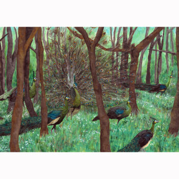 Painting titled "Peacocks/ Staring a…" by Athanasia Karatza, Original Artwork, Acrylic Mounted on Other rigid panel